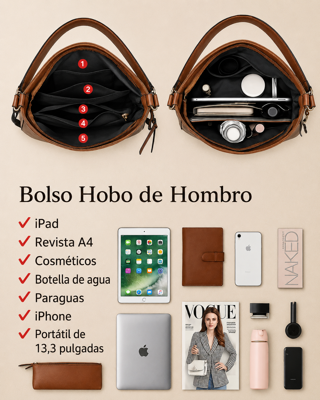 Bolso hobo de cuero de lujo antirrobo + monedero de tipo pouch gratis