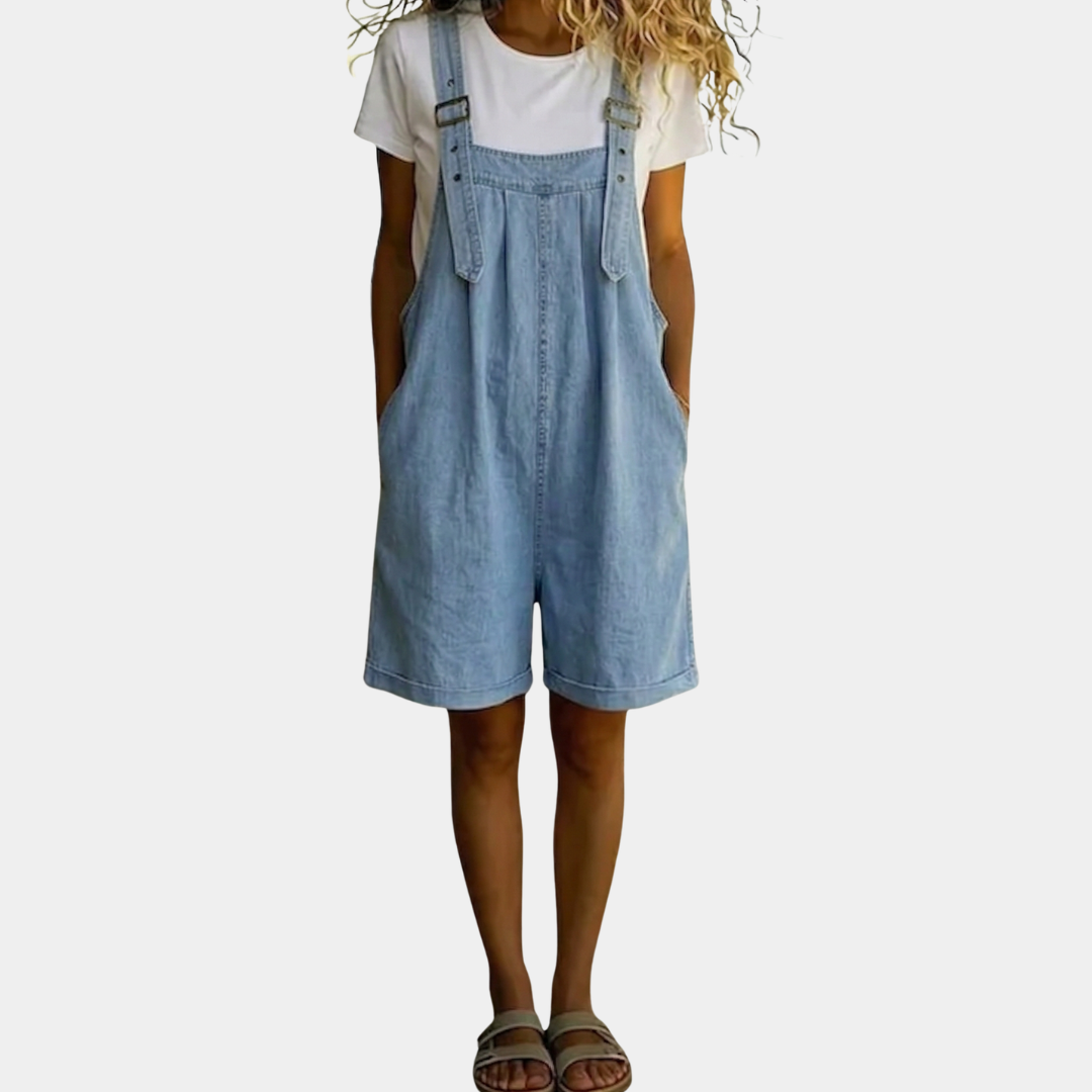 Michelle - Vintage Washed Denim Short Overalls with Soft Cotton-Feel, Light Blue