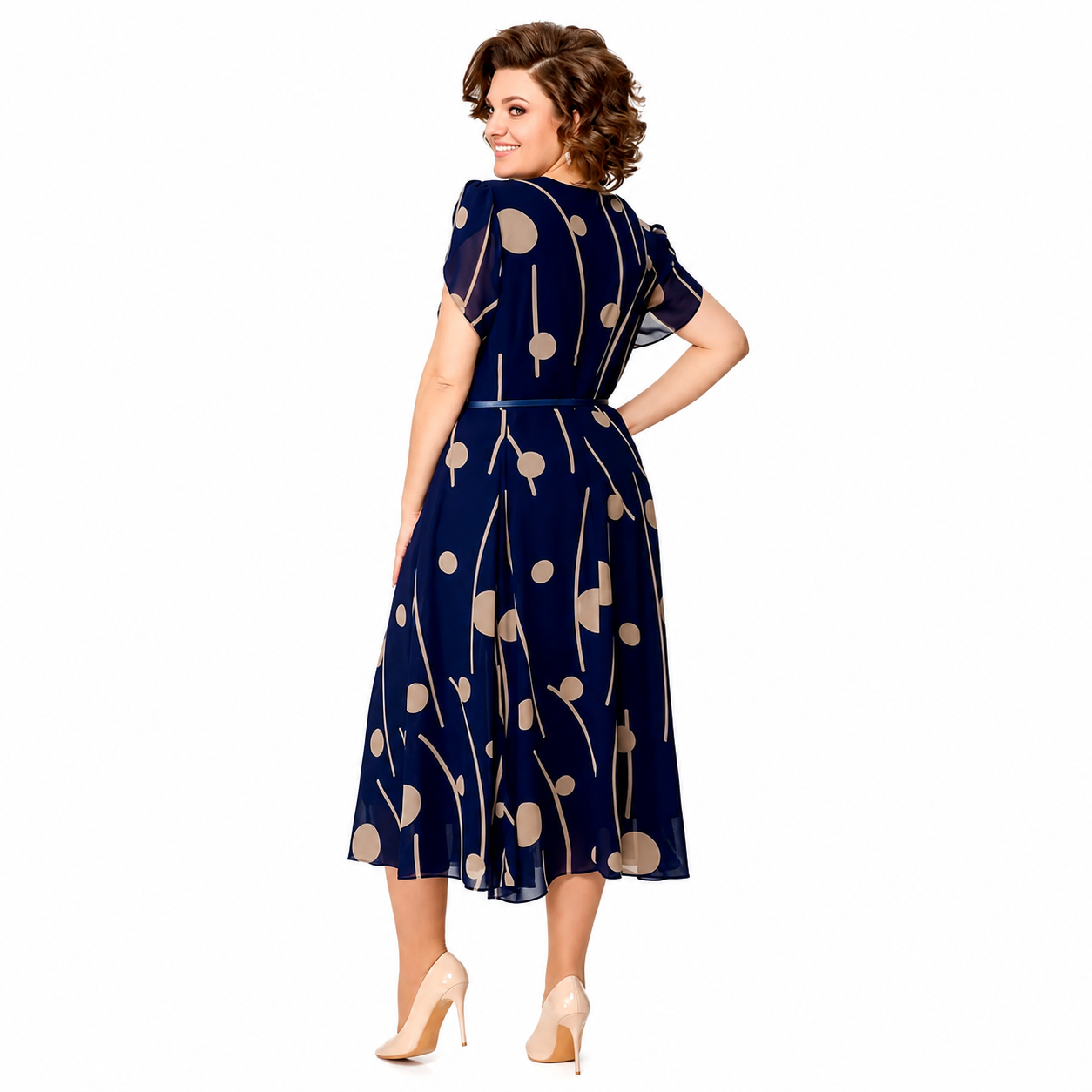 Eva | Vestido midi de chifón azul marino con lunares