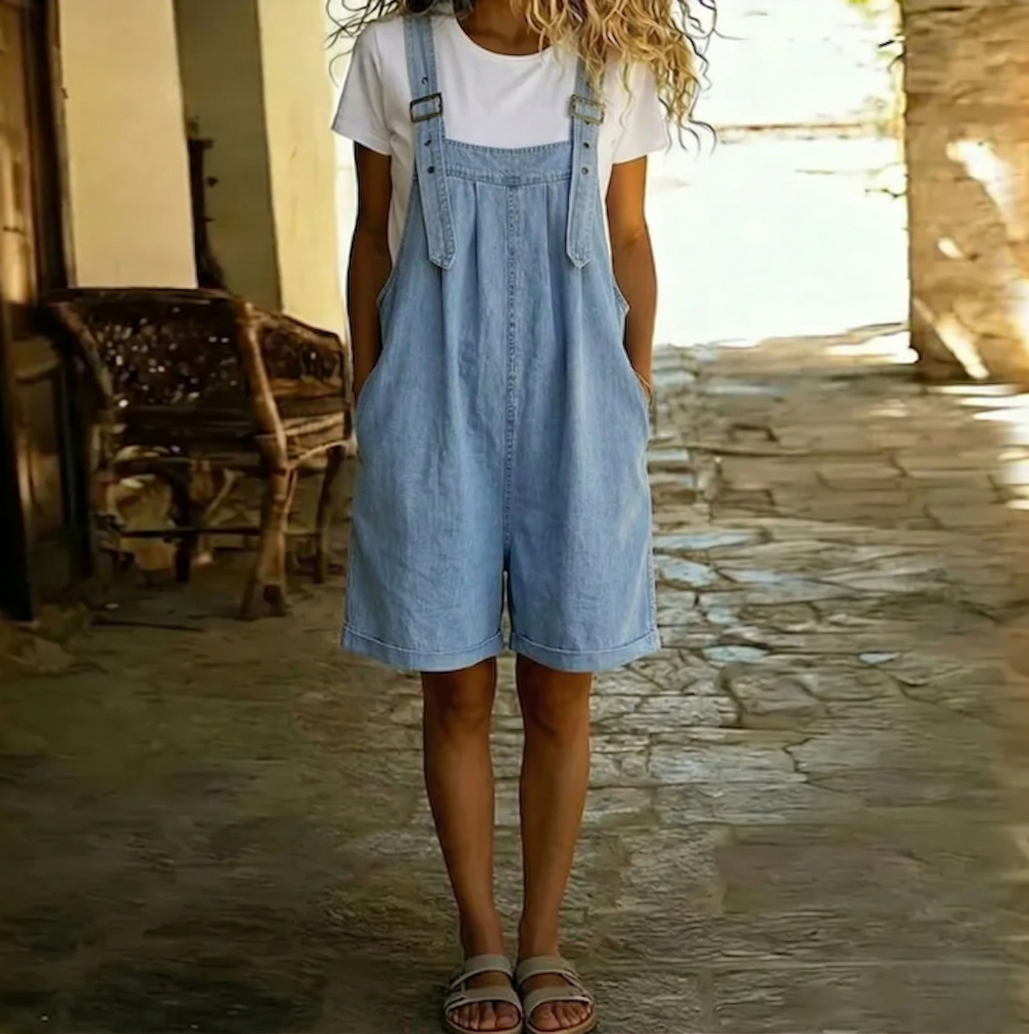 Michelle - Vintage Washed Denim Short Overalls with Soft Cotton-Feel, Light Blue