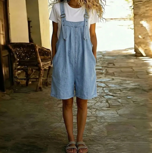 Michelle - Vintage Washed Denim Short Overalls with Soft Cotton-Feel, Light Blue
