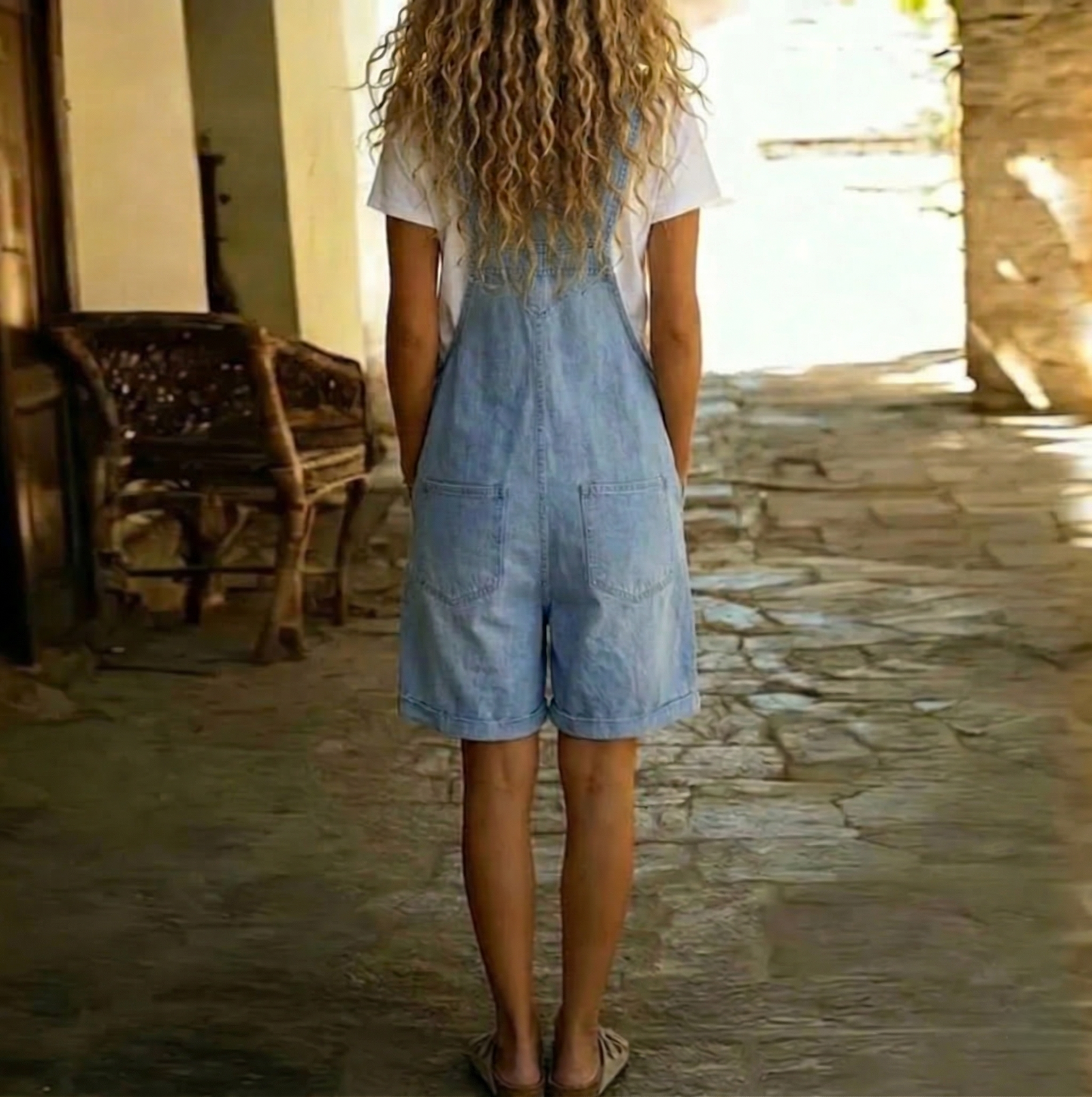 Michelle - Vintage Washed Denim Short Overalls with Soft Cotton-Feel, Light Blue