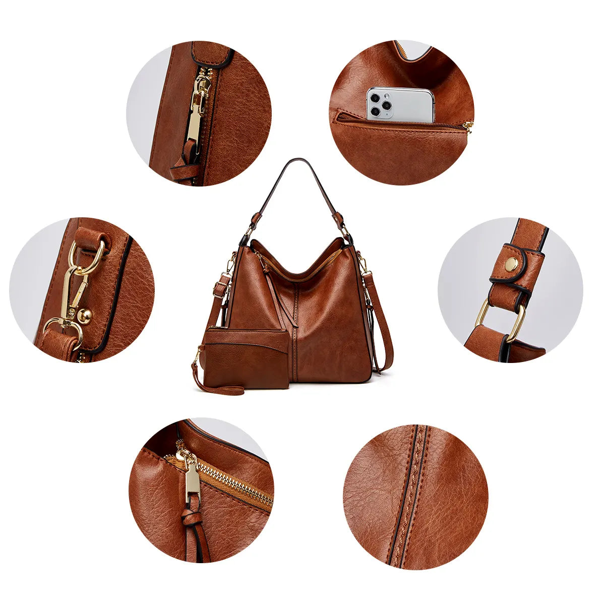 Bolso hobo de cuero de lujo antirrobo + monedero de tipo pouch gratis