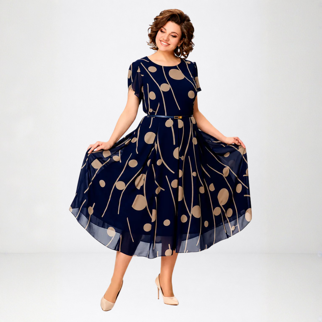 Eva | Vestido midi de chifón azul marino con lunares