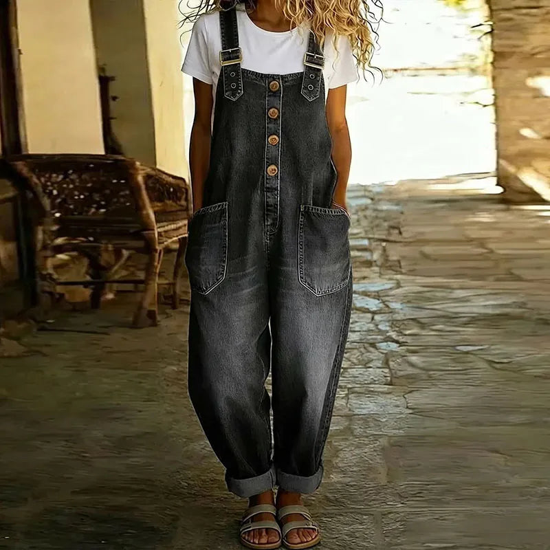 Mara - Vintage Soft Cotton Denim-Look Overalls with Adjustable Straps