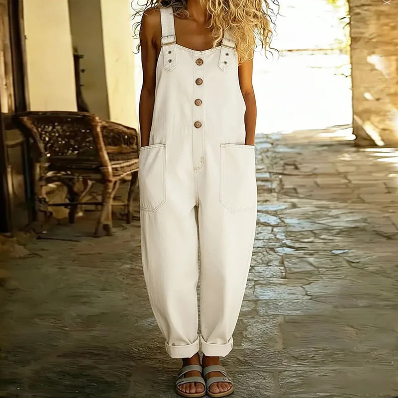 Mara - Vintage Soft Cotton Denim-Look Overalls with Adjustable Straps