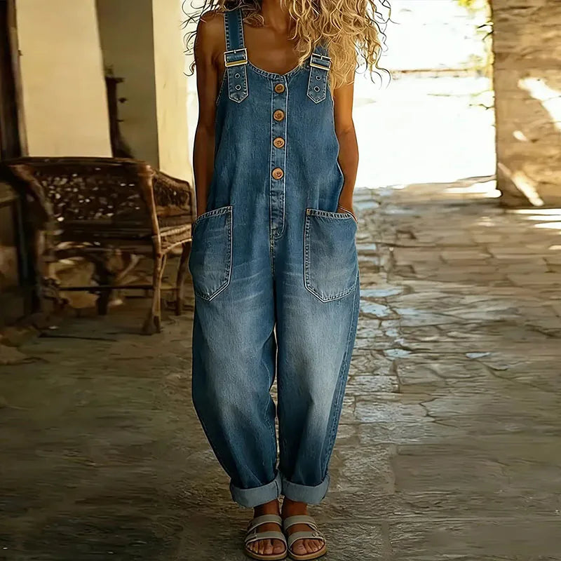 Mara - Vintage Soft Cotton Denim-Look Overalls with Adjustable Straps