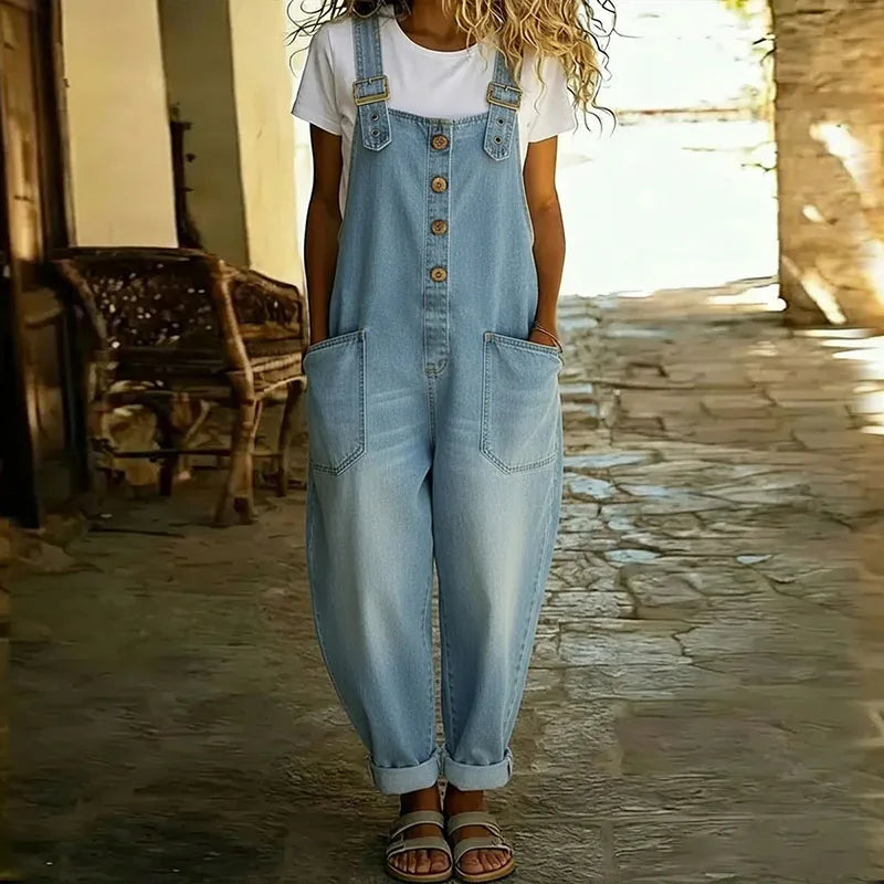 Mara - Vintage Soft Cotton Denim-Look Overalls with Adjustable Straps