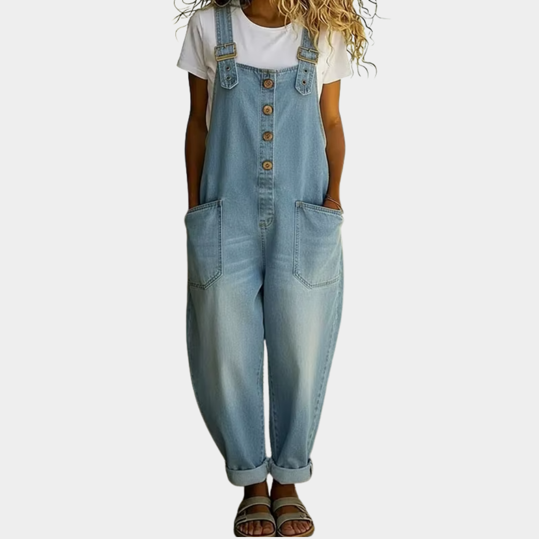 Mara - Vintage Soft Cotton Denim-Look Overalls with Adjustable Straps