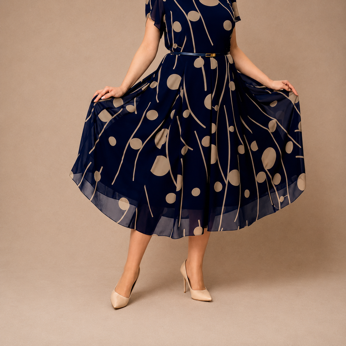 Eva | Vestido midi de chifón azul marino con lunares