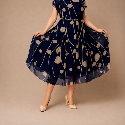 Eva | Vestido midi de chifón azul marino con lunares